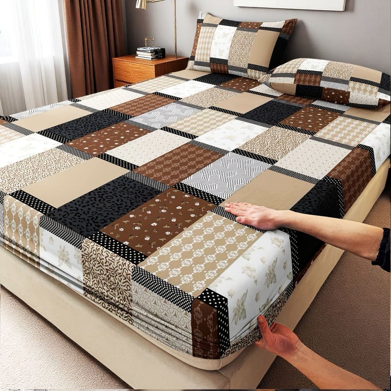 3pcs Bedding Set Baifu Coffee Fitted Sheet 70 87 X 78 74 Inches Modern Exquisite Geometric Grid Printed Comfortable All Season Home - Image 5