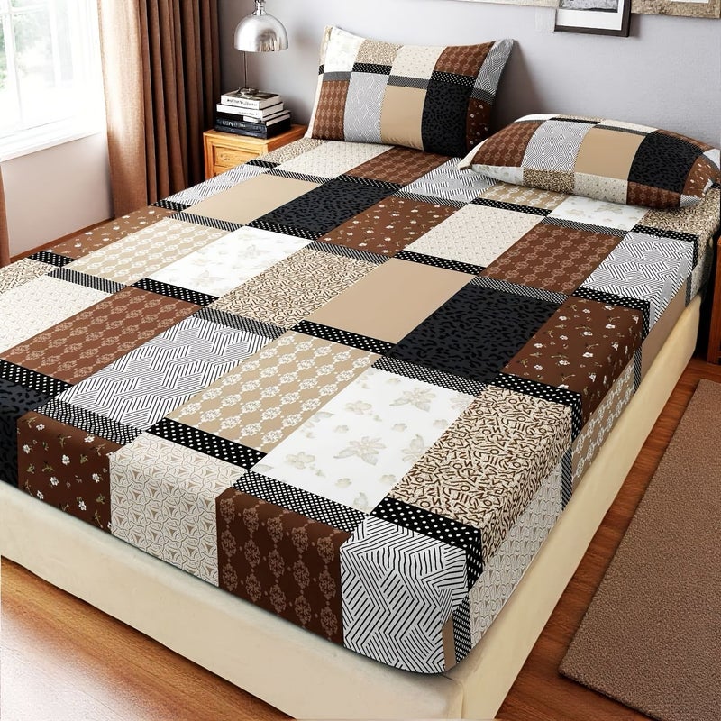3pcs Bedding Set Baifu Coffee Fitted Sheet 70 87 X 78 74 Inches Modern Exquisite Geometric Grid Printed Comfortable All Season Home - Image 1