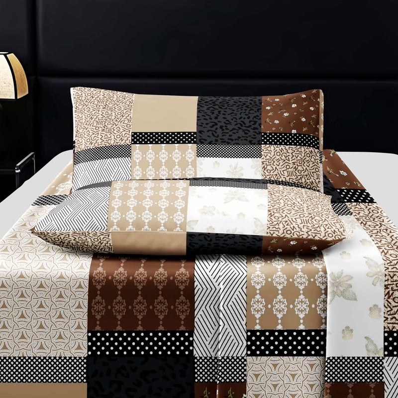 3pcs Bedding Set Baifu Coffee Fitted Sheet 70 87 X 78 74 Inches Modern Exquisite Geometric Grid Printed Comfortable All Season Home - Image 2