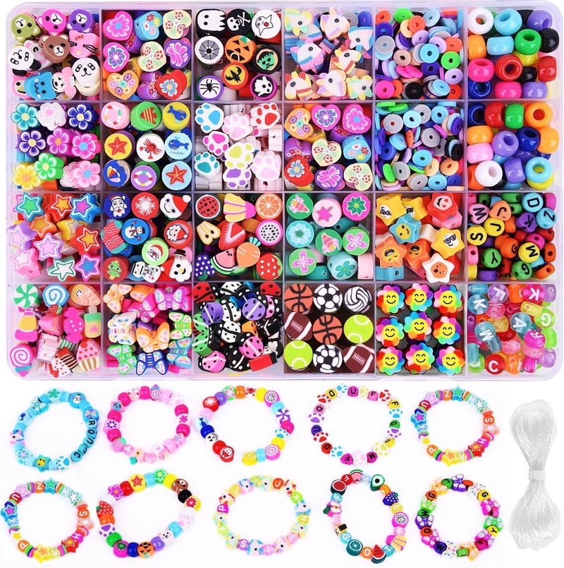 1000PCS Polymer Clay Beads Bracelet Making kit 24 Style Cute Fun Beads Fruit Flower Animal Cake Butterfly Heart Beads Charms for Jewelry Necklace Earring Making DIY Accessories for Women Girls