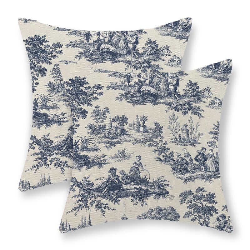 GOLIANDA French Country Pillow Covers 18x18 Set of 2 Vintage Toile Blue Throw Pillows French Country Outdoor Decorative Pillowcase Rustic Cottage Decor Linen Farmhouse Cushion Case for Couch Bed Sofa - Image 1
