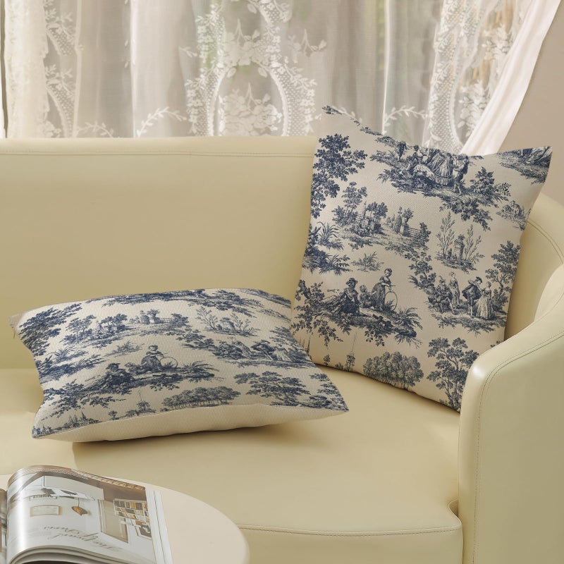 GOLIANDA French Country Pillow Covers 18x18 Set of 2 Vintage Toile Blue Throw Pillows French Country Outdoor Decorative Pillowcase Rustic Cottage Decor Linen Farmhouse Cushion Case for Couch Bed Sofa - Image 4