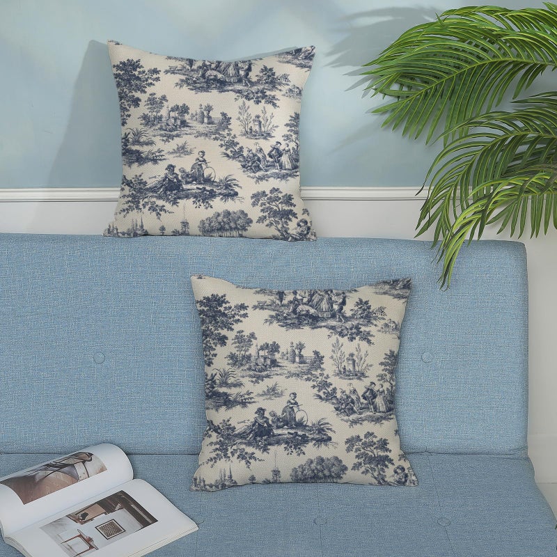 GOLIANDA French Country Pillow Covers 18x18 Set of 2 Vintage Toile Blue Throw Pillows French Country Outdoor Decorative Pillowcase Rustic Cottage Decor Linen Farmhouse Cushion Case for Couch Bed Sofa - Image 3