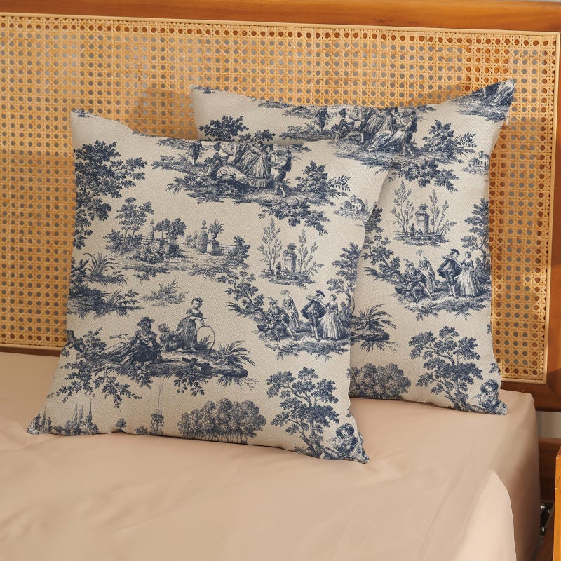 GOLIANDA French Country Pillow Covers 18x18 Set of 2 Vintage Toile Blue Throw Pillows French Country Outdoor Decorative Pillowcase Rustic Cottage Decor Linen Farmhouse Cushion Case for Couch Bed Sofa - Image 2