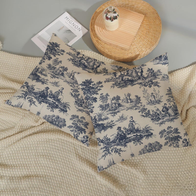 GOLIANDA French Country Pillow Covers 18x18 Set of 2 Vintage Toile Blue Throw Pillows French Country Outdoor Decorative Pillowcase Rustic Cottage Decor Linen Farmhouse Cushion Case for Couch Bed Sofa - Image 5
