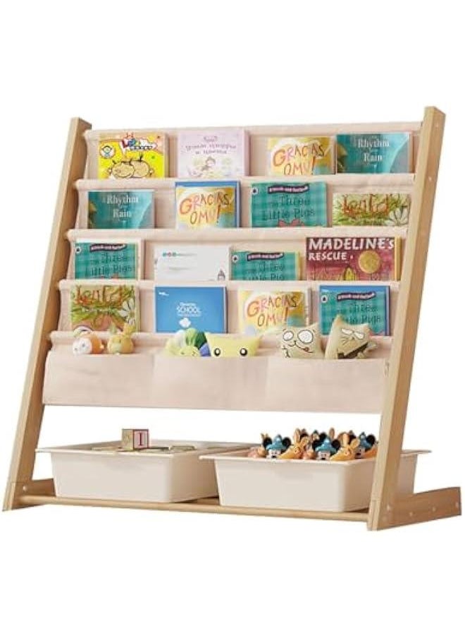 ميكسد Yoqiren Kids Bookshelf, 4 Tier Natural Wood Book Shelf Kids Organizer, Kids Toy Book Storage Organizer Baket Kid Bookshelf, Toddler Bookcase Rack Organizer for Bedroom Playroom Toy Storage  - Image 1