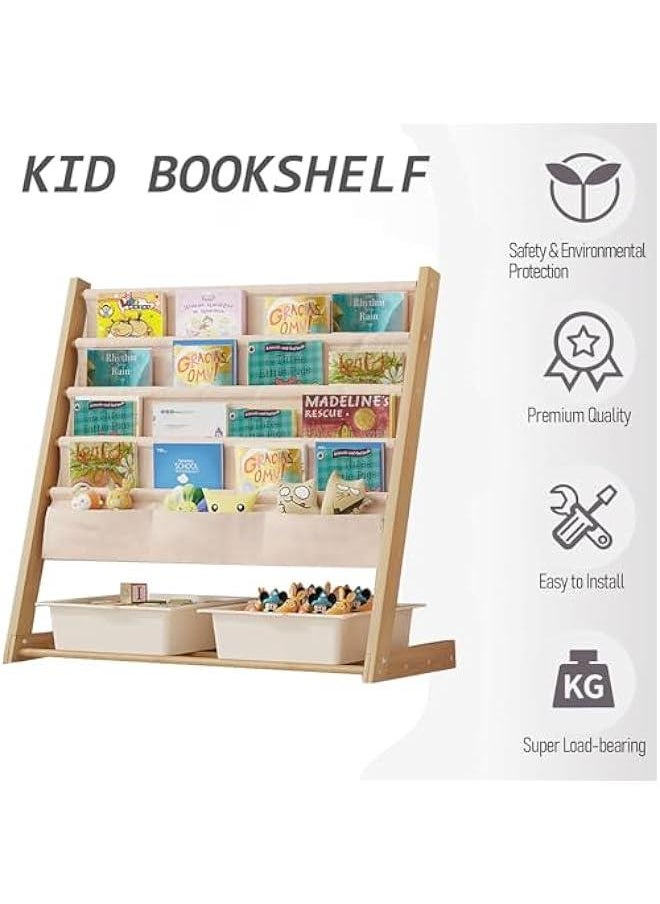 ميكسد Yoqiren Kids Bookshelf, 4 Tier Natural Wood Book Shelf Kids Organizer, Kids Toy Book Storage Organizer Baket Kid Bookshelf, Toddler Bookcase Rack Organizer for Bedroom Playroom Toy Storage  - Image 4