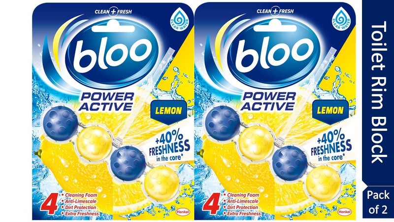 Bloo Solid Rim Block Power Active Lemon 50g | 4 in 1 Toilet Cleaner with Anti-Limescale, Cleaning Foam, Dirt Protection and Extra Freshness | Pack of 2 (Model Number: Bloo PA Lemon Pack of 2) - Image 1