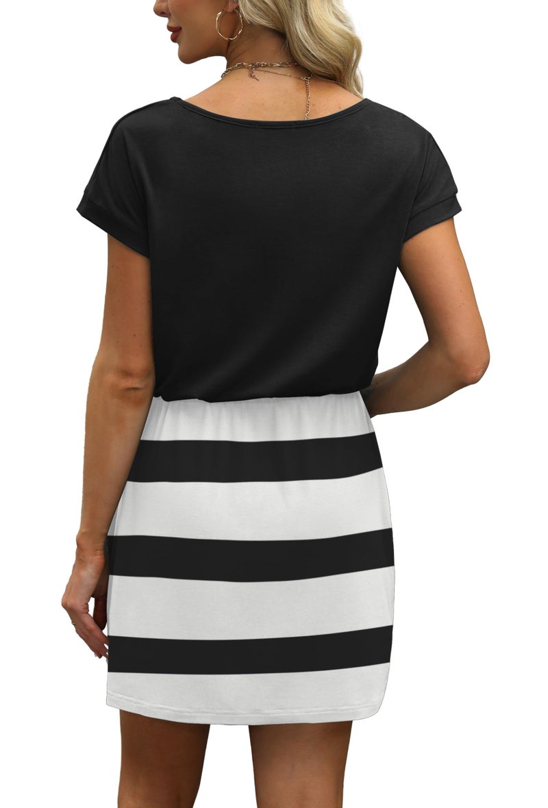 OFEEFAN Summer Dresses for Women Casual Short Sleeve Loose V Neck T Shirts Dress Vacation Sundresses with Pockets L Black White - Image 5