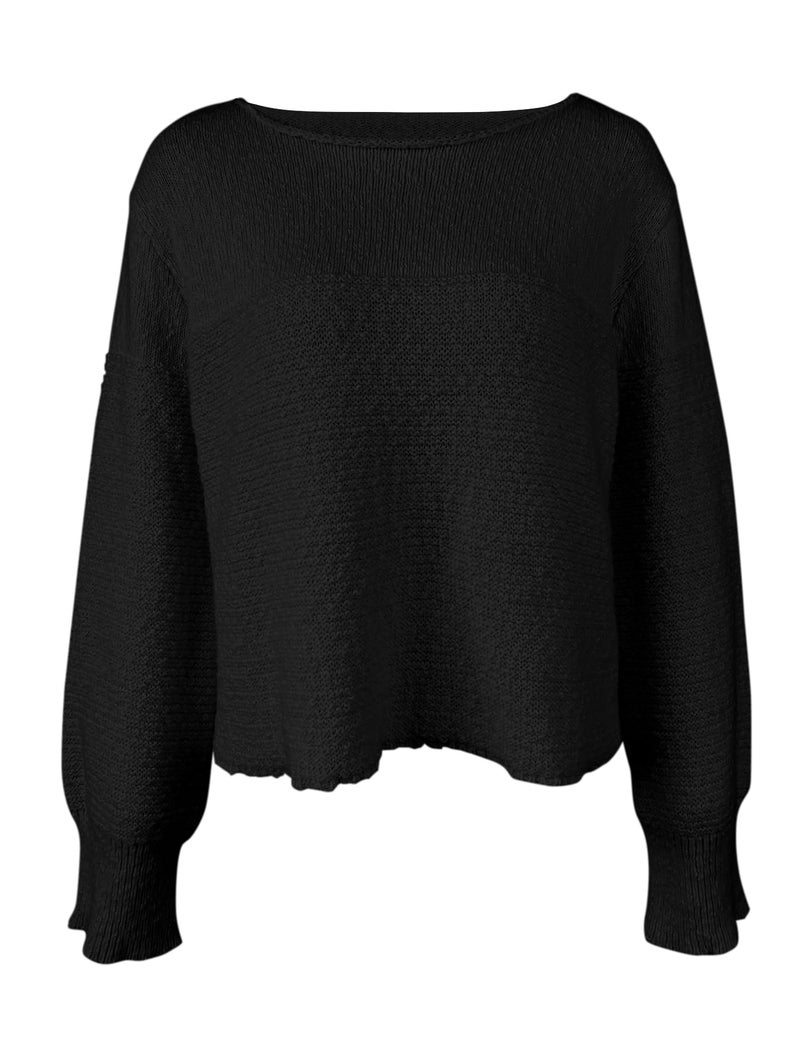 PRETTODAY Women's Crew Neck Knit Sweater Long Sleeve Textured Ribbed Casual Loose Cropped Pullover Tops Black - Image 3