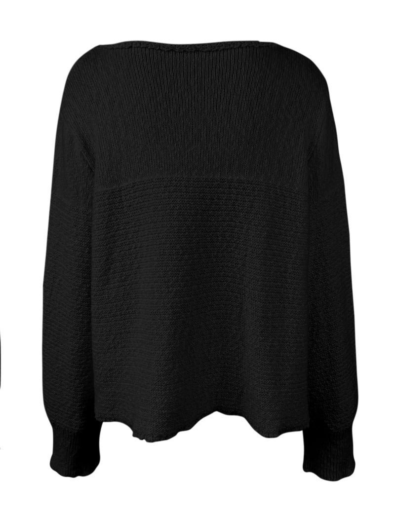 PRETTODAY Women's Crew Neck Knit Sweater Long Sleeve Textured Ribbed Casual Loose Cropped Pullover Tops Black - Image 4