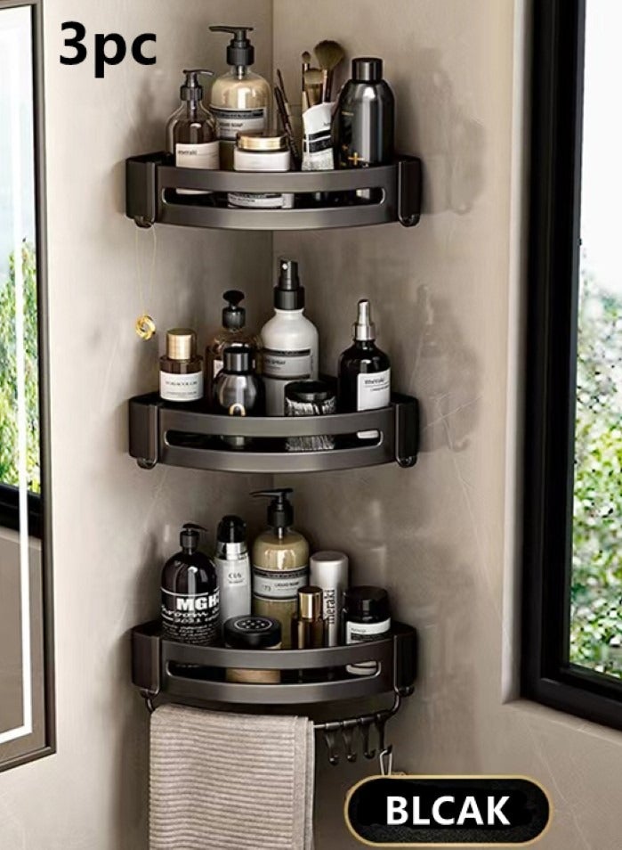Kutis 3-Piece Bathroom Rack Shower Shampoo Organizer Wall Mounted Storage Rack And Hooks And Towel Rack Aluminum  Alloy Black 30x22.5x4.5 cm - Image 1