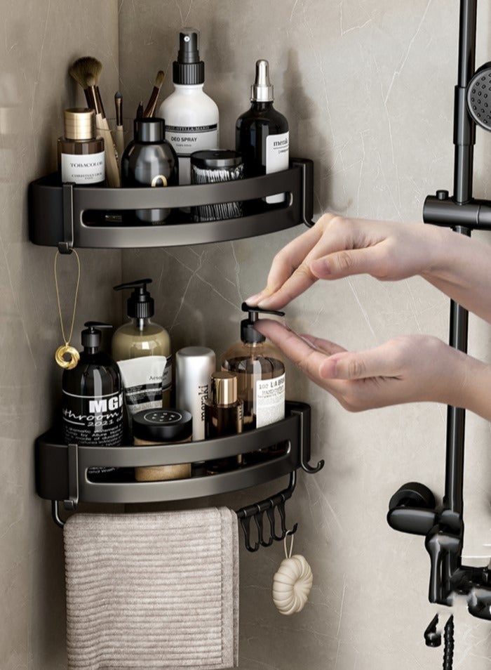 Kutis 3-Piece Bathroom Rack Shower Shampoo Organizer Wall Mounted Storage Rack And Hooks And Towel Rack Aluminum  Alloy Black 30x22.5x4.5 cm - Image 2