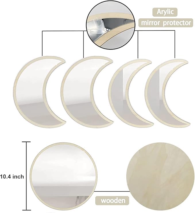 HMANGE 10.4" Raw Acrylic Moon Phase Wall Mirror Set - 5-Piece Boho Celestial Decor for Living Room Bedroom Entryway, Easy Stick-On Installation, Shatterproof Safety Design - Image 5