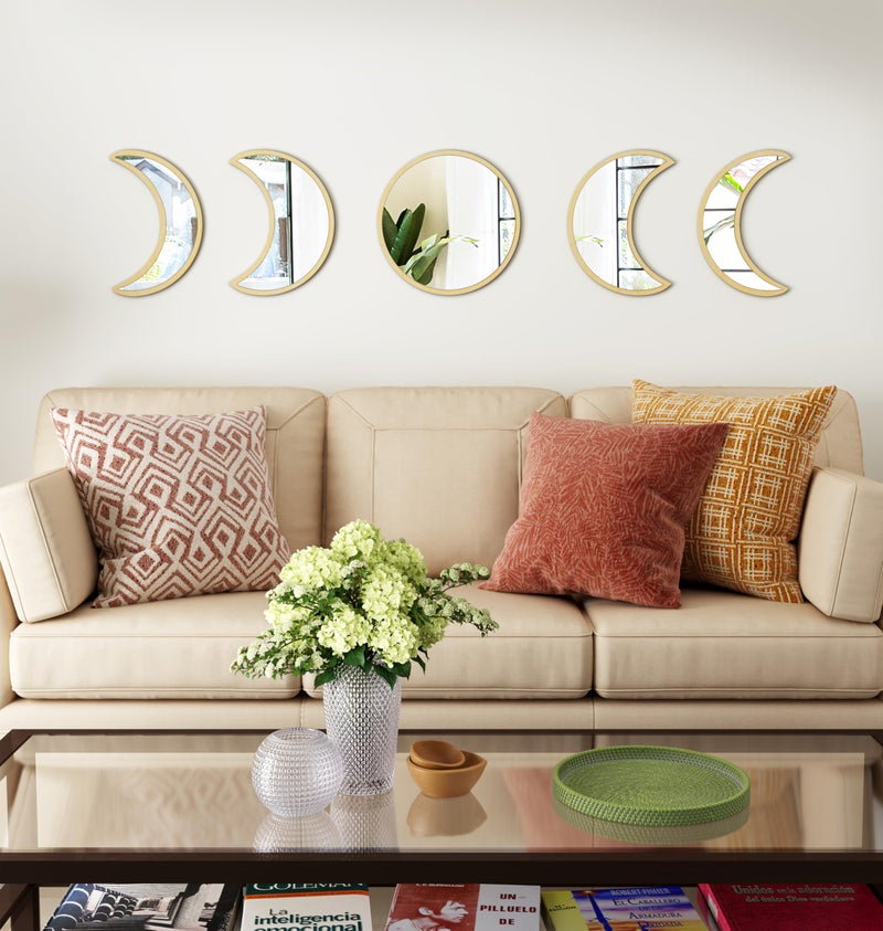 HMANGE 10.4" Raw Acrylic Moon Phase Wall Mirror Set - 5-Piece Boho Celestial Decor for Living Room Bedroom Entryway, Easy Stick-On Installation, Shatterproof Safety Design - Image 3