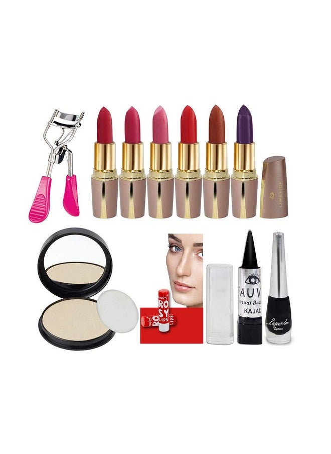LA PERLA - Travel Makeup Combo Sets With Lipstick Compact Eyeliner Eye Curler Lip Balm Kajal Longlasting Smudgeproof Crueltyfree Enhance Your Natural Beauty & Gives Flawless Complexion - Image 1