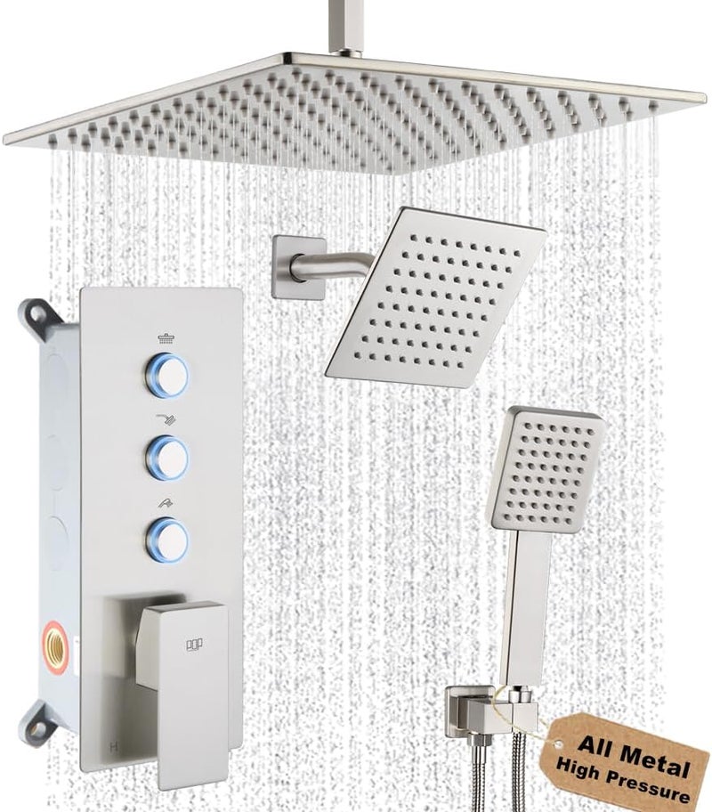 POP SANITARYWARE Shower Faucet Set Brushed Nickel Bathroom Rainfall Shower System, 12 Inch Ceiling Mount Shower Head with 6 Inch Wall Mount Shower Head, Include Shower Valve and Trim Kit - Image 1