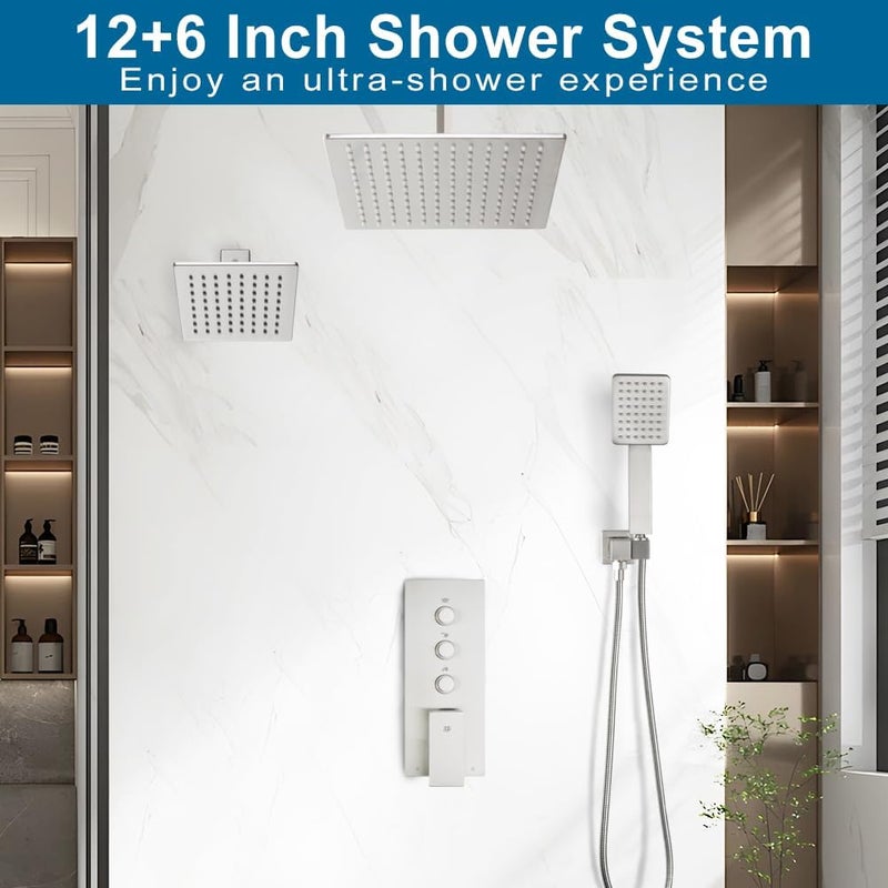 POP SANITARYWARE Shower Faucet Set Brushed Nickel Bathroom Rainfall Shower System, 12 Inch Ceiling Mount Shower Head with 6 Inch Wall Mount Shower Head, Include Shower Valve and Trim Kit - Image 2