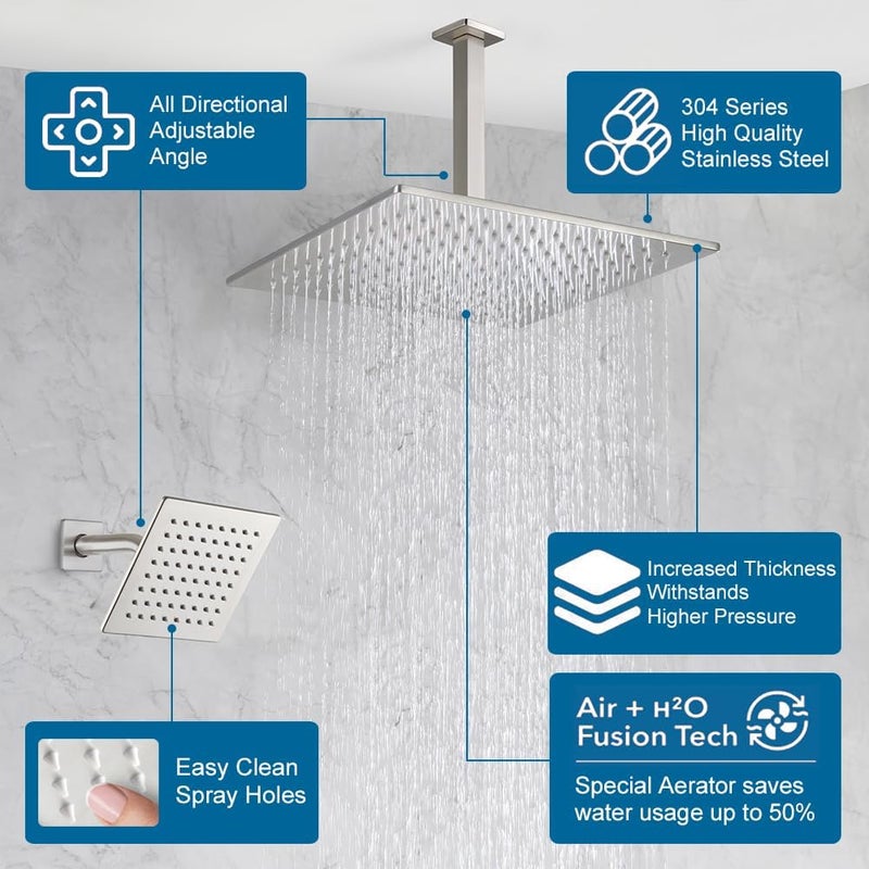 POP SANITARYWARE Shower Faucet Set Brushed Nickel Bathroom Rainfall Shower System, 12 Inch Ceiling Mount Shower Head with 6 Inch Wall Mount Shower Head, Include Shower Valve and Trim Kit - Image 3