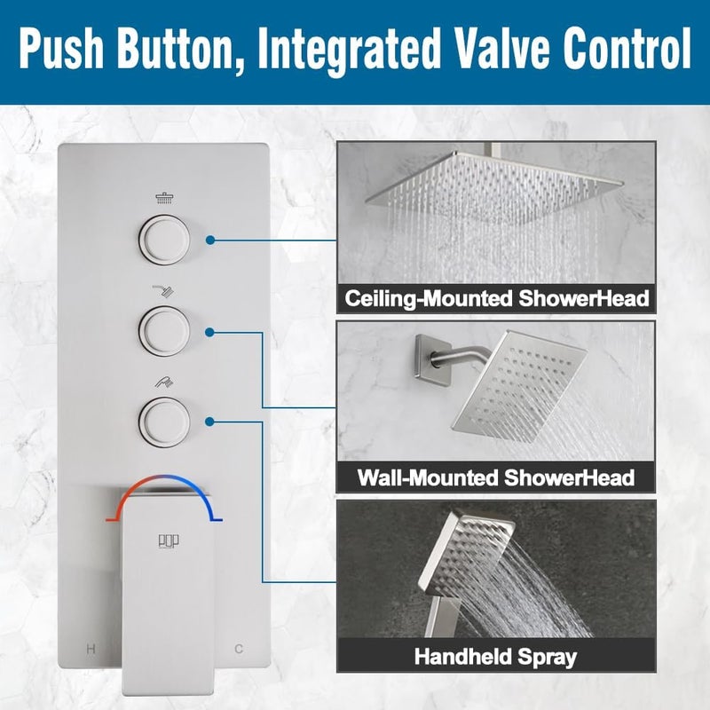 POP SANITARYWARE Shower Faucet Set Brushed Nickel Bathroom Rainfall Shower System, 12 Inch Ceiling Mount Shower Head with 6 Inch Wall Mount Shower Head, Include Shower Valve and Trim Kit - Image 5