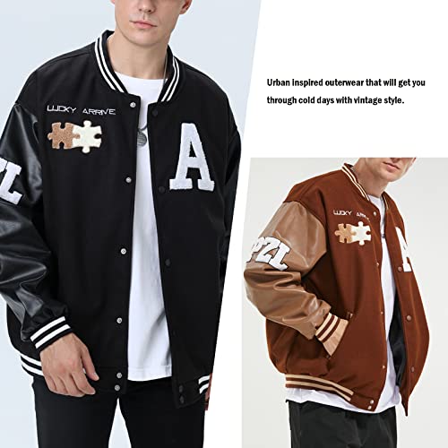 Moshtashio Mens Varsity College Jacket Baseball Bomber Jacket Vintage Sweatshirt Casual Unisex Streetwear Coats with Patch (1 Black, X-Large) - Image 5