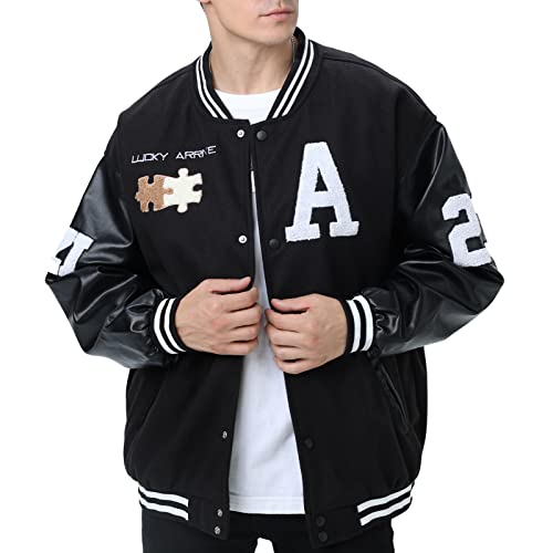 Moshtashio Mens Varsity College Jacket Baseball Bomber Jacket Vintage Sweatshirt Casual Unisex Streetwear Coats with Patch (1 Black, X-Large) - Image 1
