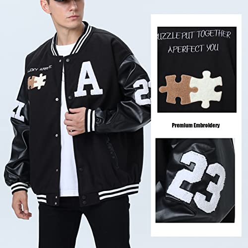 Moshtashio Mens Varsity College Jacket Baseball Bomber Jacket Vintage Sweatshirt Casual Unisex Streetwear Coats with Patch (1 Black, X-Large) - Image 3