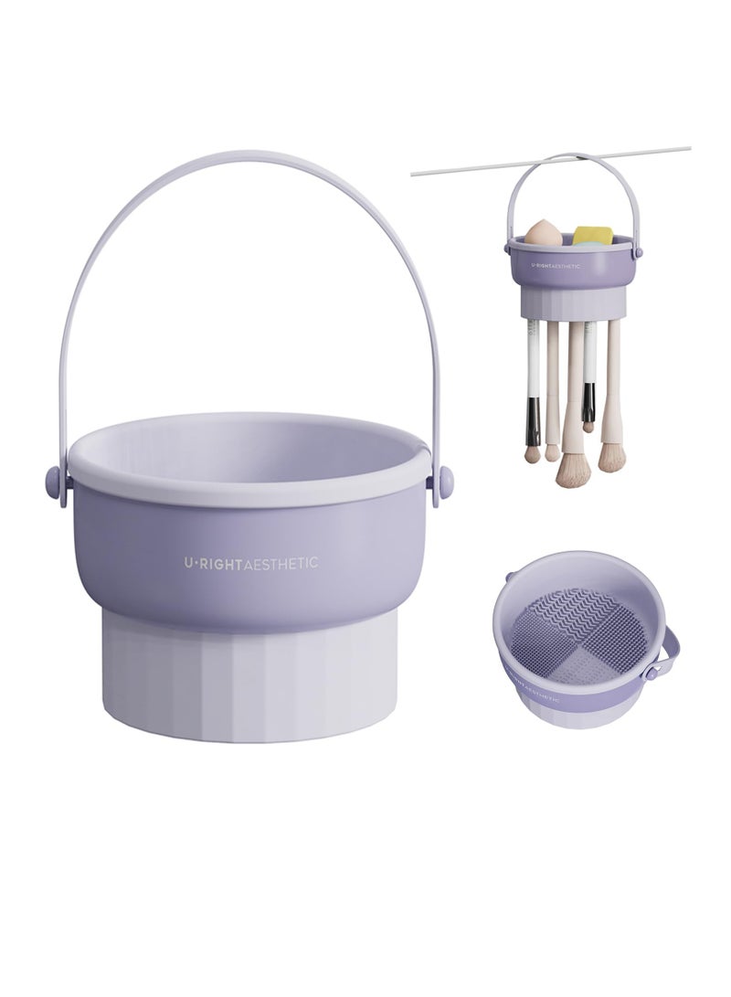 SOLARAE Makeup Brush Cleaning Mat with Brush Drying Holder, 2 in 1 Silicone Cosmetic Brush Cleaning Scrubber Portable Washing Tool Makeup Brush Cleanerfor Makeup Brush, Makeup Sponge, Powder Puff (Purple) - Image 1
