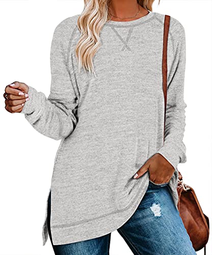 Aokosor Tops for Women 2025 Trendy Fall Long Sleeve Shirts for Leggings Vacation Sweaters Workout Light Grey M - Image 1