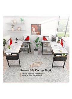 AGD L Shaped Computer Desk, L-Shaped Corner Desk with Reversible Storage Shelves for Home Office Workstation, Modern Simple Style Writing Desk Table with Storage Bag  - Image 4