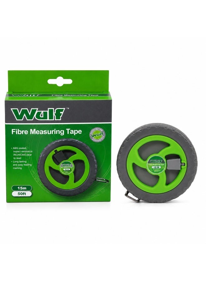 Wulf 15M Fibre Measuring Tape 50FT ABS Coated Impact Resistant Long Measuring Tape with Easy Read Inch and CM Markings for Construction Survey DIY Engineering and Hardware Tools - Image 1