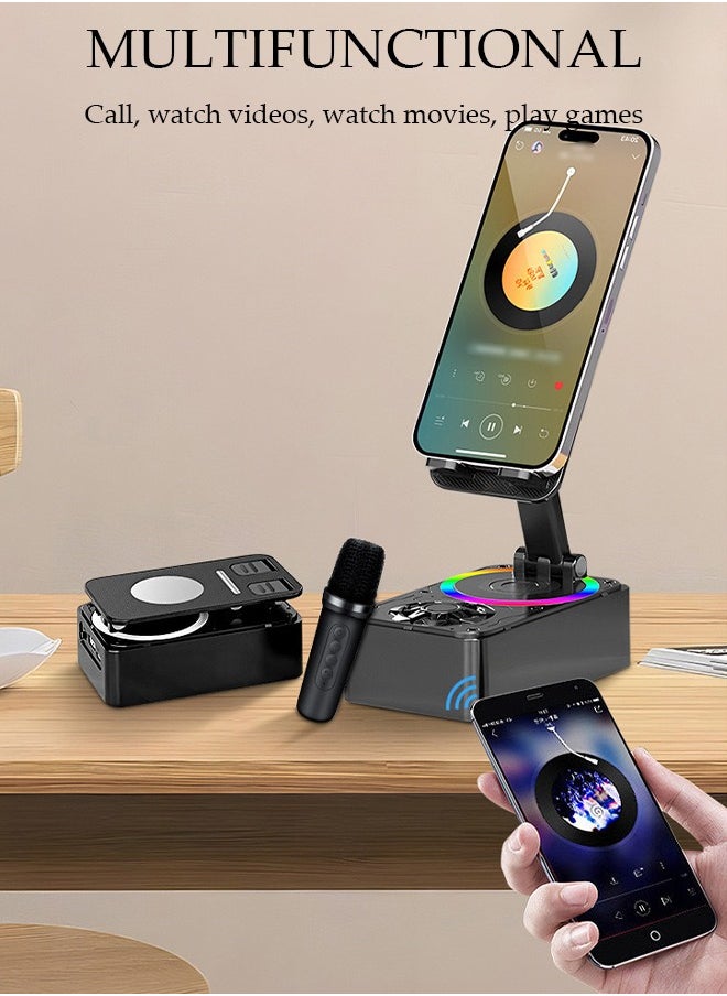 DUNISO - Bluetooth Speaker Phone Holder 2-In-1 , High Definition Surround Sound, Rotatable Phone Holder, Compatible With Phones And Tablets Black (Comes With A Microphone) - Image 1