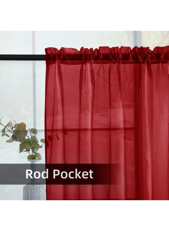 youleyar Solid Sheer Rod Pocket Curtain Voile Draperies 2 Panels White Beige Black Grey Ivory 52 Inch Width 84 Inch Long 1 Pair for Kitchen Bedroom Children Living Room Yard (Christmas Red,52Wｘ84L) - Image 3