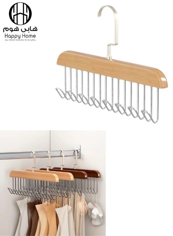 هابي هوم شماعة علاقة ملابس خشبية متعدده الوظائف بها 8 خطافات مصنوعه من الفولاذ المقاوم للصدأ علاقة ربطات عنق، منظم حزام خشبي للأوشحة، والربطات، والأحزمة، ومنظم الخزانة - بيج - Image 1