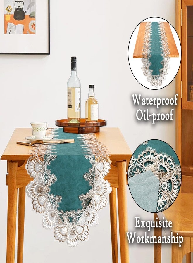 Jeloris Lace Table Runner, Waterproof Oil-Proof PU Leather Table Runner with Exquisite Lace, for Dining, Wedding, Shower, Party (Teal, 16x72 inch) - Image 2