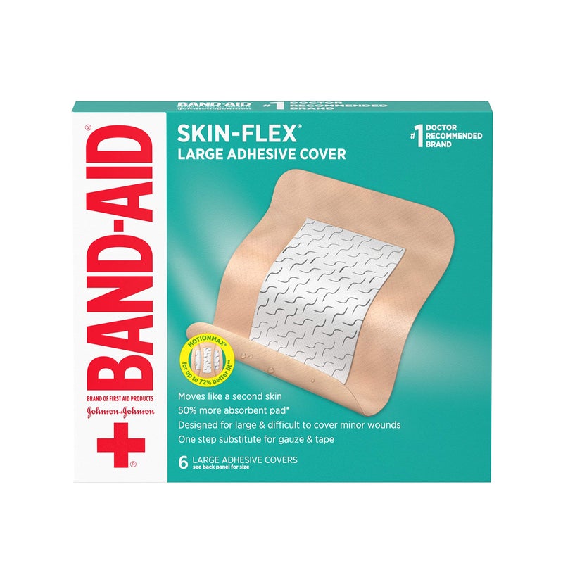 Band-Aid لاصقات باند-أيد العلامة التجارية لاصقة مرنة لتغطية الجروح للعناية بالجروح الطفيفة، الخدوش والحروق، مع شعور مريح، تتحرك مثل جلد ثانٍ، معقمة، كبيرة، 6 قطع - Image 1