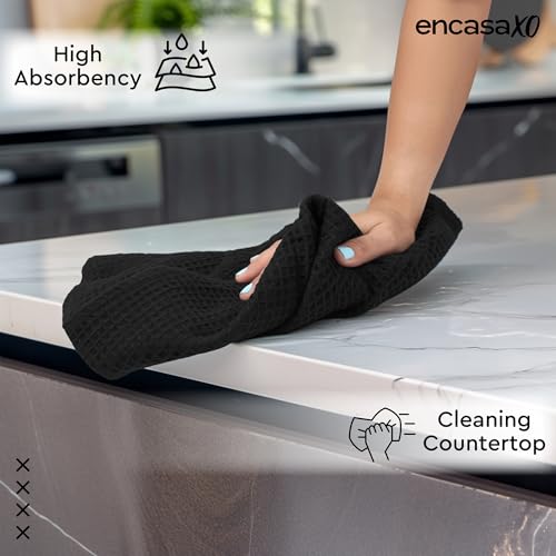 Encasa XO Kitchen Dish Towels Set | Black | Waffle Weave and Flat Hand Tea Towel | 28"x18" | Quick Drying Reusable Cotton Washcloths | Multipurpose Lightweight Dishcloths Set of 4 - Image 2