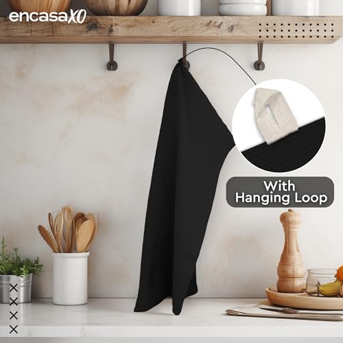 Encasa XO Kitchen Dish Towels Set | Black | Waffle Weave and Flat Hand Tea Towel | 28"x18" | Quick Drying Reusable Cotton Washcloths | Multipurpose Lightweight Dishcloths Set of 4 - Image 5
