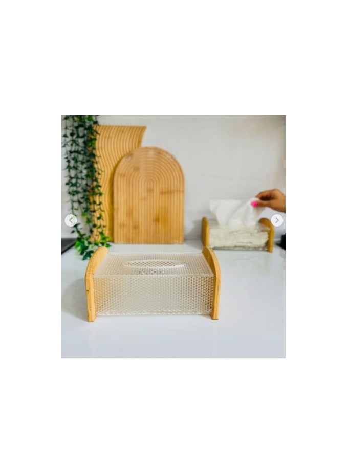 Spaceshoop Tissue Box Cover Holder Clear Acrylic Rectangular Tissues Dispenser Box Dryer Sheet Wet Toilet Paper Tray with Bamboo Wood Lid - Image 4