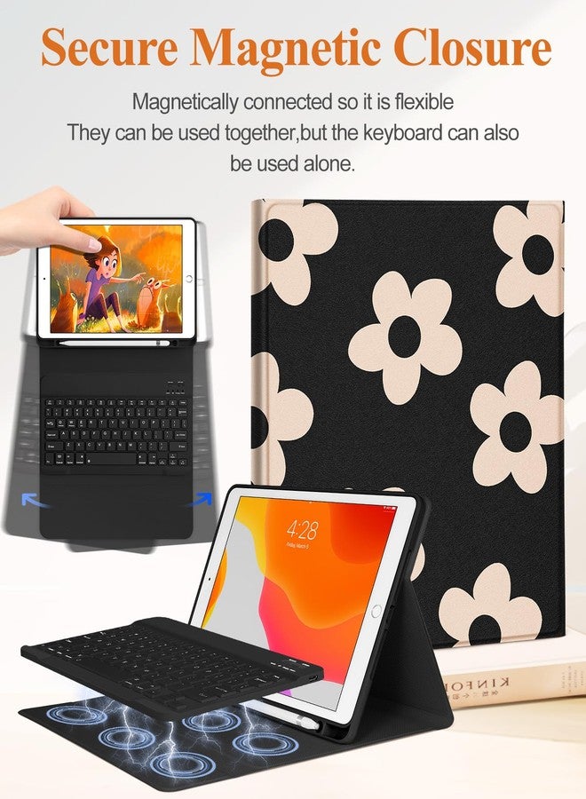 Wazzasoft جراب Wazzasoft لأجهزة iPad من الجيل التاسع/الثامن/السابع/Air الجيل الثالث/Pro مقاس 10.5 بوصة، مزود بلوحة مفاتيح وحامل قلم، غطاء قلاب أنيق بتصميم فريد مزين بزهرة سوداء، مناسب للنساء والفتيات والمراهقات، متوافق مع أجهزة Apple مقاس 10.2 و10.5 بوصة. - Image 4