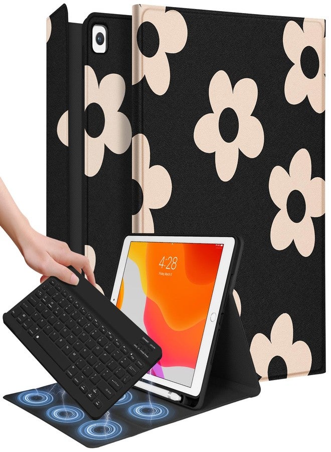 Wazzasoft جراب Wazzasoft لأجهزة iPad من الجيل التاسع/الثامن/السابع/Air الجيل الثالث/Pro مقاس 10.5 بوصة، مزود بلوحة مفاتيح وحامل قلم، غطاء قلاب أنيق بتصميم فريد مزين بزهرة سوداء، مناسب للنساء والفتيات والمراهقات، متوافق مع أجهزة Apple مقاس 10.2 و10.5 بوصة. - Image 1