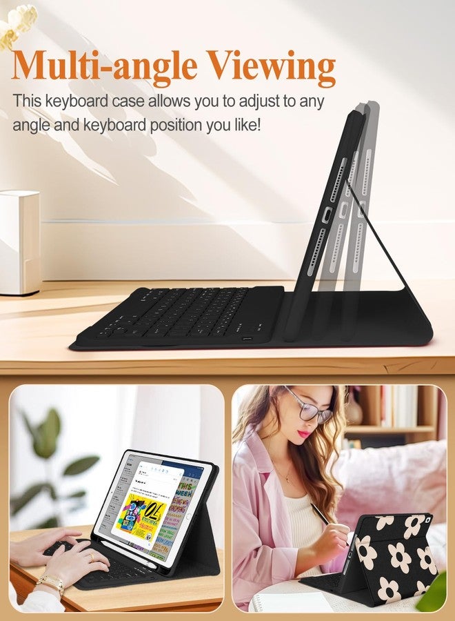 Wazzasoft جراب Wazzasoft لأجهزة iPad من الجيل التاسع/الثامن/السابع/Air الجيل الثالث/Pro مقاس 10.5 بوصة، مزود بلوحة مفاتيح وحامل قلم، غطاء قلاب أنيق بتصميم فريد مزين بزهرة سوداء، مناسب للنساء والفتيات والمراهقات، متوافق مع أجهزة Apple مقاس 10.2 و10.5 بوصة. - Image 5