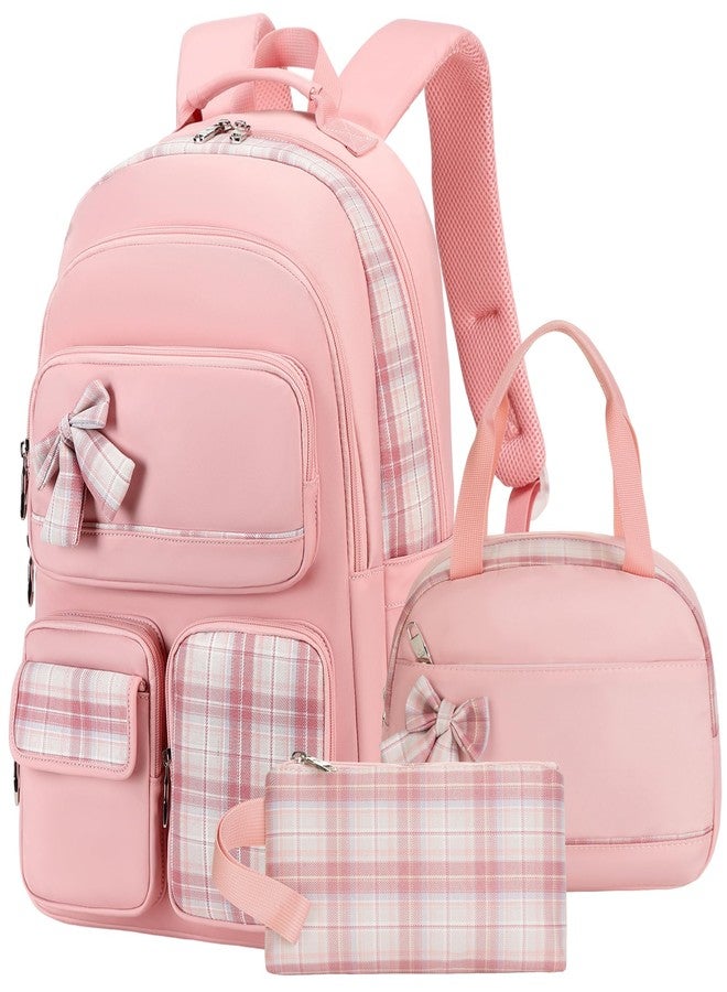KIDNUO Girls Backpack,3pcs Backpacks with Lunch Box Pencil Case Set 15.6 Inch Laptop Bag Kids Kindergarten School Bookbag, Pink, Large - Image 1
