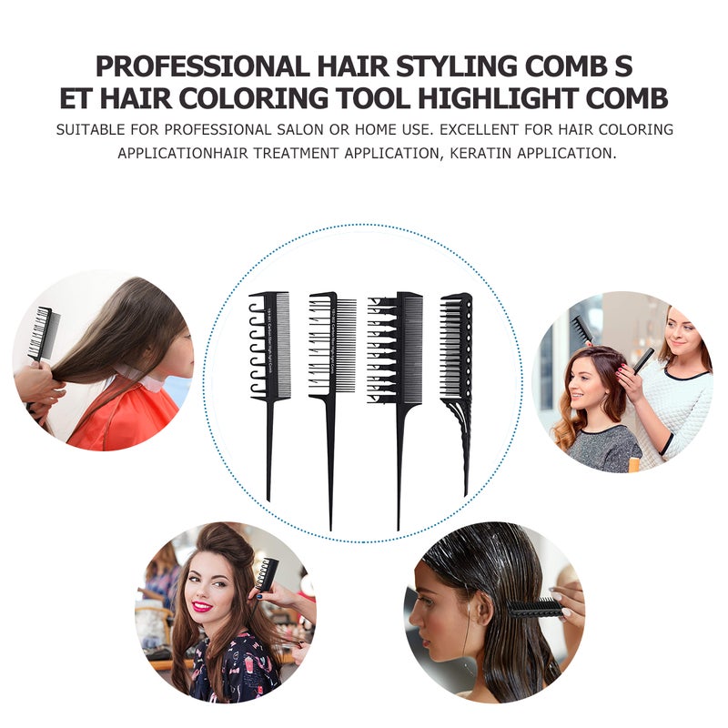 4pcs Professional Hair Styling Comb Set Hair Coloring Tool Highlight Comb(Black) - Image 4