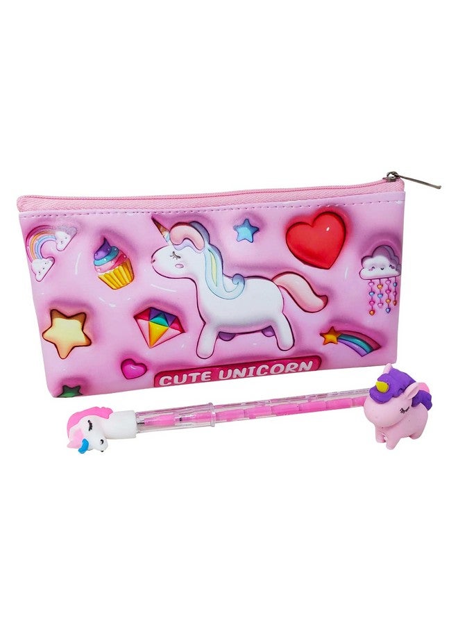 PARTEET Combo Pack Unicorn Pouch Unicorn Pen & Unicorn Eraser, Girls Pencil Pouch, Girls School Stationery Pencil Pouch, Kids Zipper Closer Waterproof Soft Travel Pouch (Unicorn, Leather, Pink) - Image 1