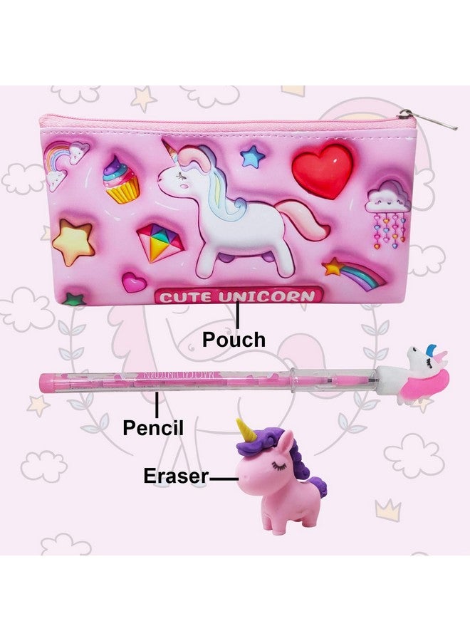 PARTEET Combo Pack Unicorn Pouch Unicorn Pen & Unicorn Eraser, Girls Pencil Pouch, Girls School Stationery Pencil Pouch, Kids Zipper Closer Waterproof Soft Travel Pouch (Unicorn, Leather, Pink) - Image 2