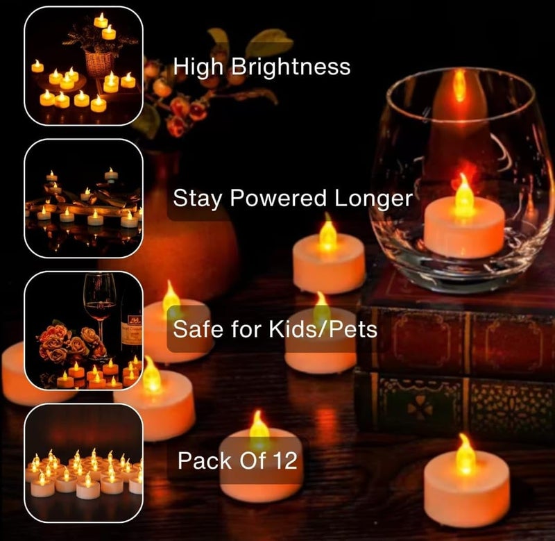 FLOPRO Set of 12 LED Flameless Candles for Diwali Warm Yellow Light - Image 3
