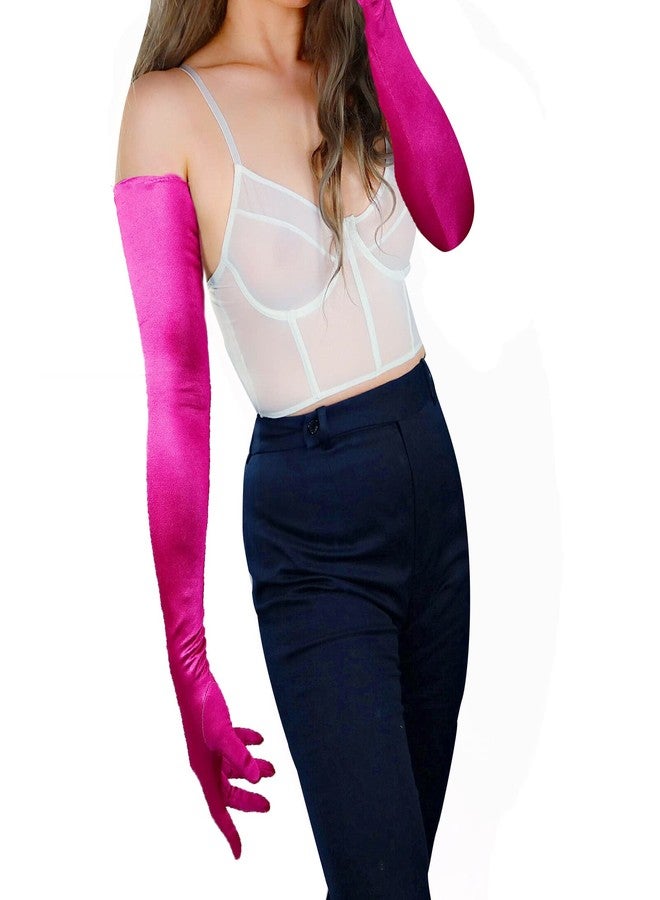 DooWay Extra Long Satin Gloves Rose Pink 28" Silky Evening Wedding Party Dress Gloves - Image 1