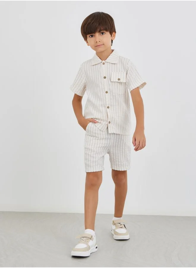 ستايلي Styli Striped Collared Buttoned Shirt and Shorts Set