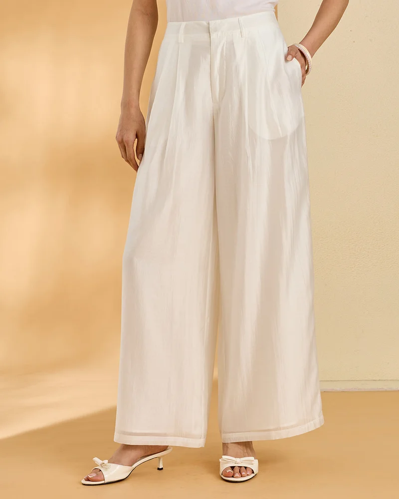 REDTAG Women Ivory Wide Leg Trousers